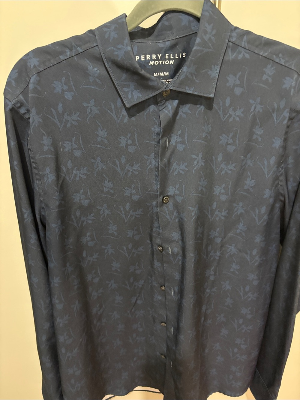 Perry Ellis Navy Floral-Print Dress Shirt Size Medium